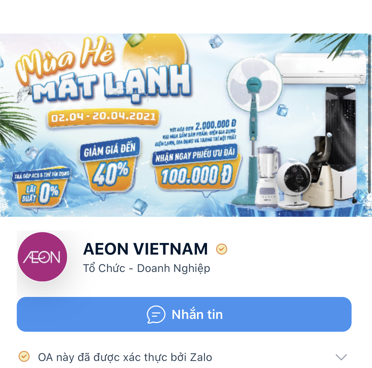 AEON Vietnam's Zalo Official Account